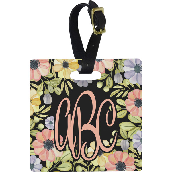 Custom Boho Floral Plastic Luggage Tag - Square w/ Monogram