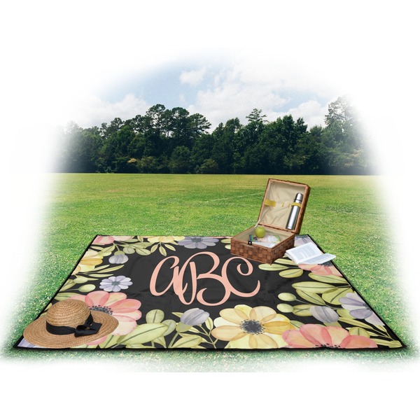 Boho Floral Picnic Blanket - with Basket Hat and Book - in Use