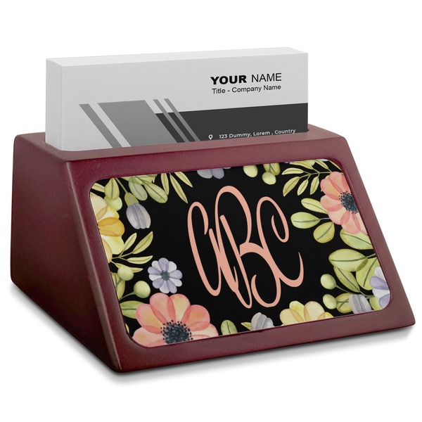 Custom Boho Floral Red Mahogany Business Card Holder (Personalized)
