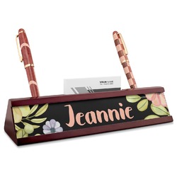 Boho Floral Red Mahogany Nameplate with Business Card Holder (Personalized)