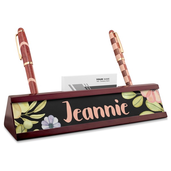 Custom Boho Floral Red Mahogany Nameplate with Business Card Holder (Personalized)