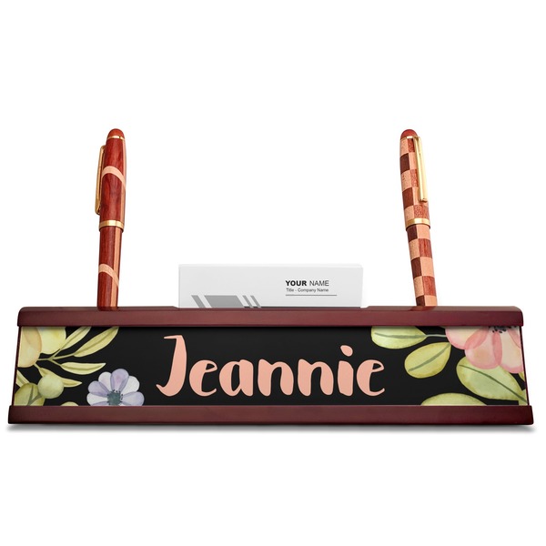 Boho Floral Red Mahogany Nameplates with Business Card Holder - Straight