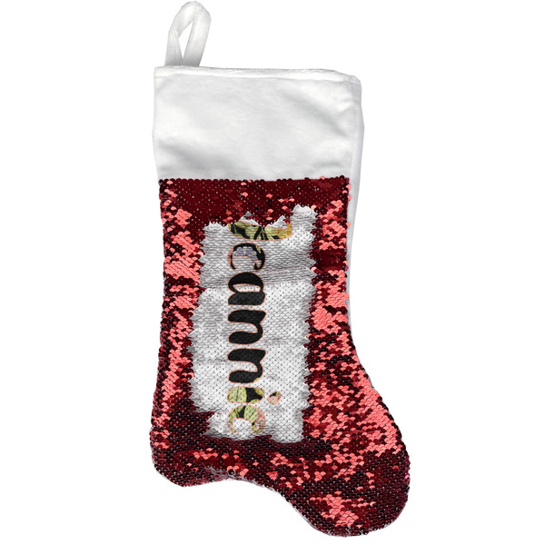 Custom Boho Floral Reversible Sequin Stocking - Red (Personalized)