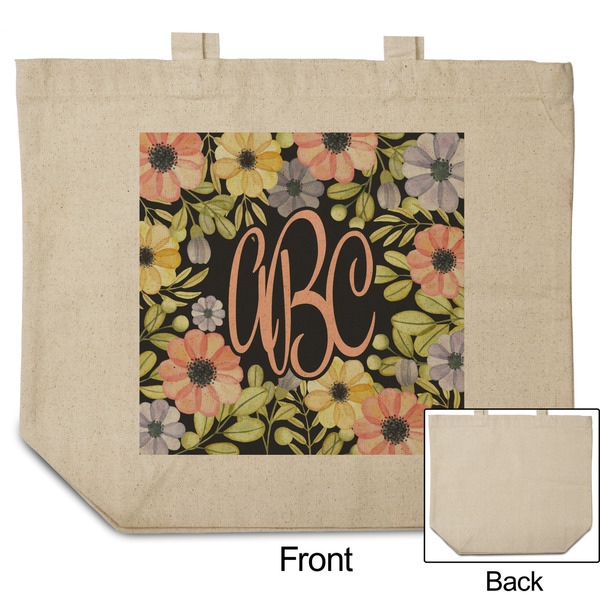 Boho Floral Reusable Cotton Grocery Bag - Front & Back View
