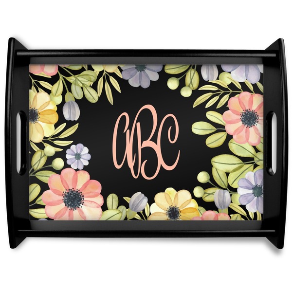 Custom Boho Floral Black Wooden Tray - Large (Personalized)