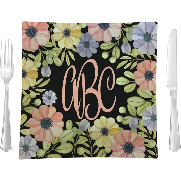 Custom Boho Floral 9.5" Glass Square Lunch / Dinner Plate- Single or Set of 4 (Personalized)