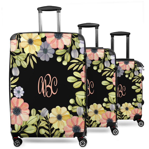 Custom Boho Floral 3 Piece Luggage Set - 20" Carry On, 24" Medium Checked, 28" Large Checked (Personalized)
