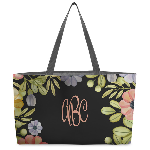 Custom Boho Floral Beach Totes Bag - w/ Black Handles (Personalized)