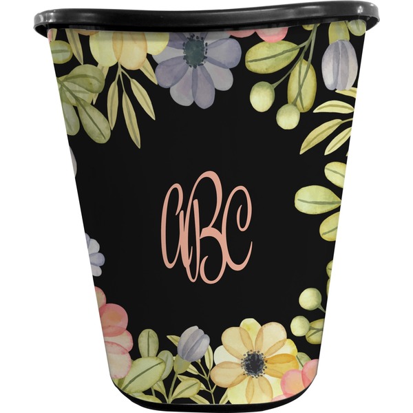 Boho Floral Trash Can Black