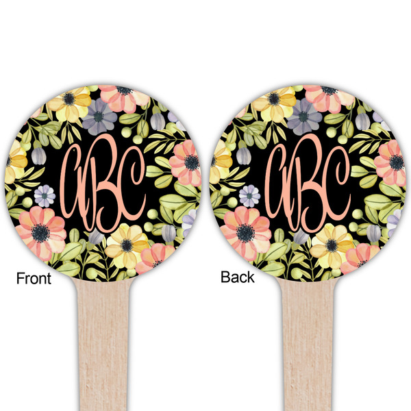 Boho Floral Wooden 4" Food Pick - Round - Double Sided - Front & Back
