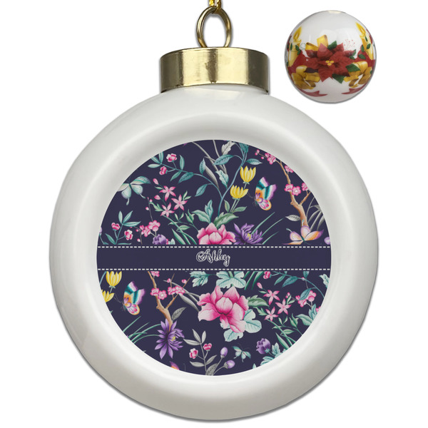 Custom Chinoiserie Ceramic Ball Ornaments - Poinsettia Garland (Personalized)