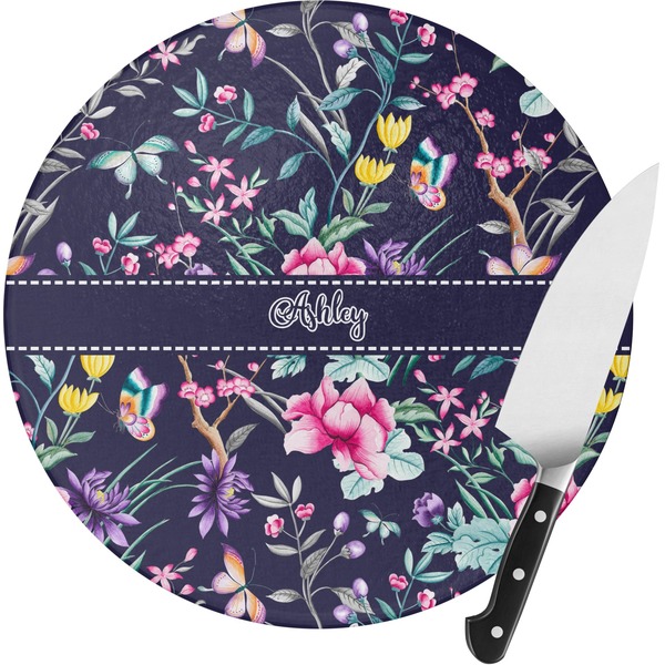 Custom Chinoiserie Round Glass Cutting Board (Personalized)