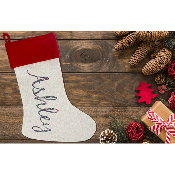 Chinoiserie Linen Stocking w/Red Cuff - Flat Lay (LIFESTYLE)