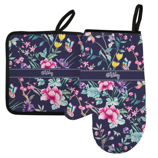 Custom Chinoiserie Left Oven Mitt & Pot Holder Set w/ Name or Text
