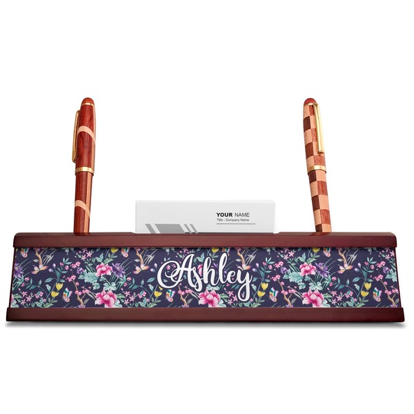 Chinoiserie Red Mahogany Nameplates with Business Card Holder - Straight