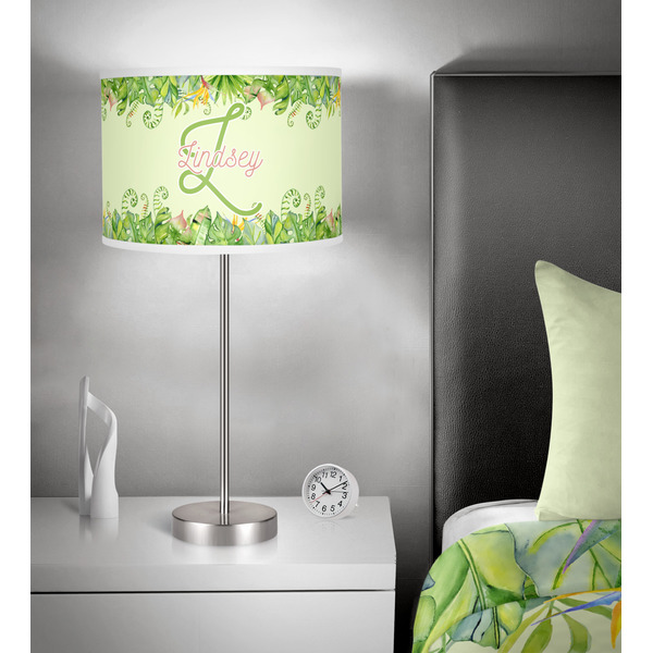 Tropical Leaves Border 13 inch drum lamp shade - in room