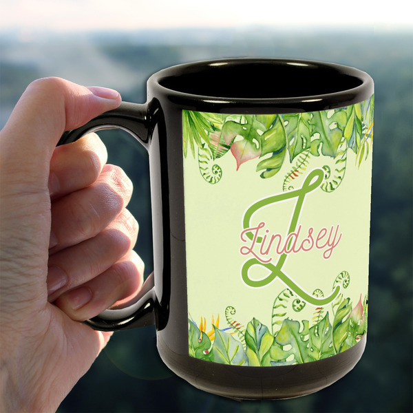 Tropical Leaves Border 15oz. Black Mug - LIFESTYLE