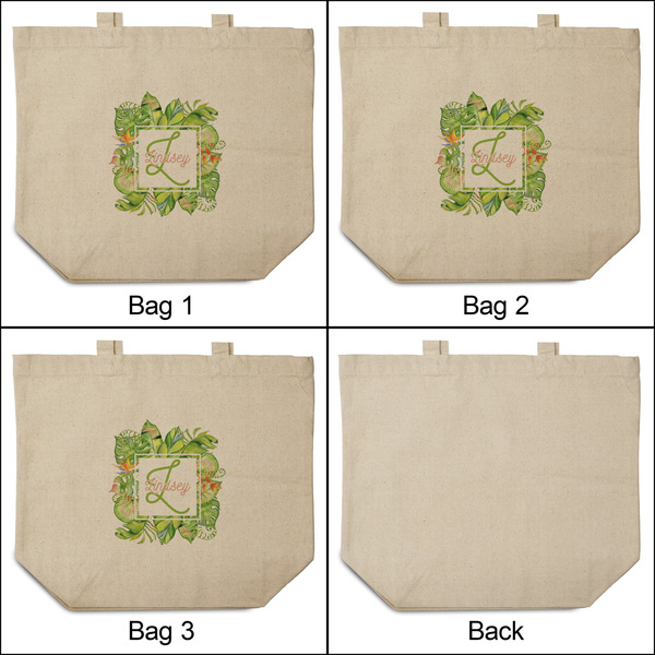 Tropical Leaves Border 3 Reusable Cotton Grocery Bags - Front & Back View