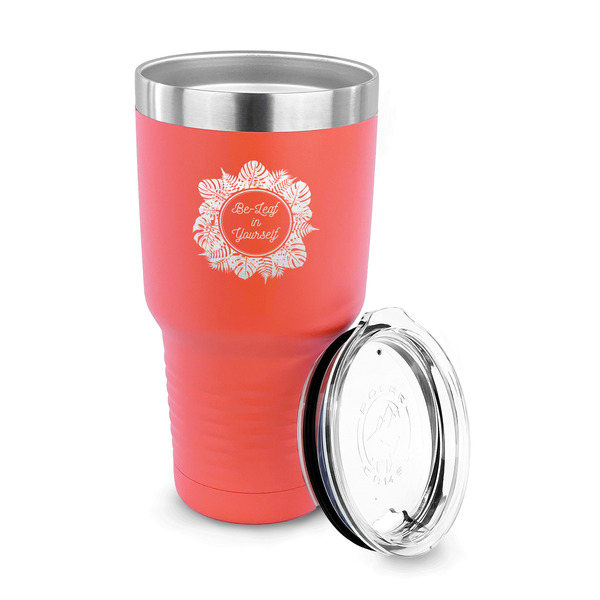 Tropical Leaves Border 30 oz Stainless Steel Ringneck Tumblers - Coral - LID OFF