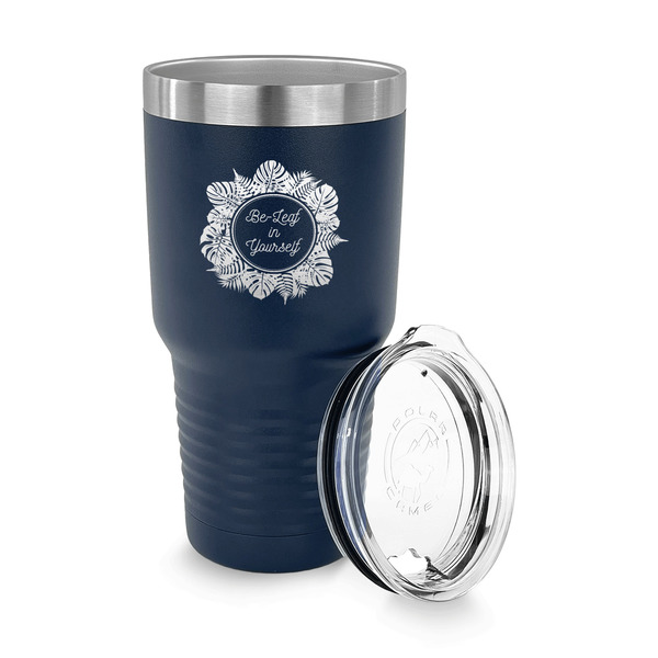 Tropical Leaves Border 30 oz Stainless Steel Ringneck Tumblers - Navy - LID OFF