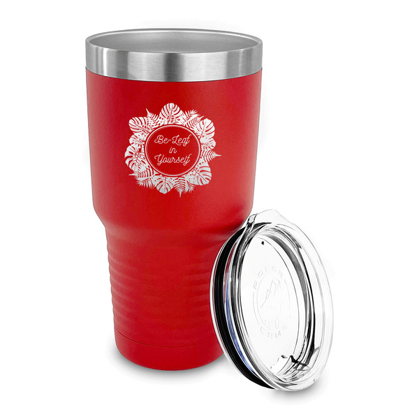 Tropical Leaves Border 30 oz Stainless Steel Ringneck Tumblers - Red - LID OFF