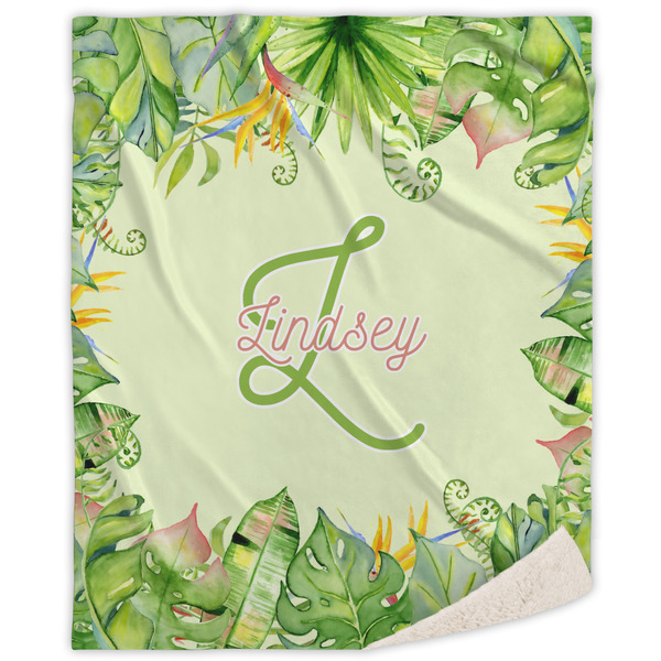 Custom Tropical Leaves Border Sherpa Throw Blanket - 50"x60" (Personalized)