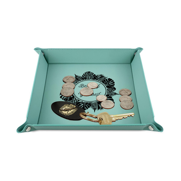 Tropical Leaves Border 6" x 6" Teal Leatherette Snap Up Tray - STYLED