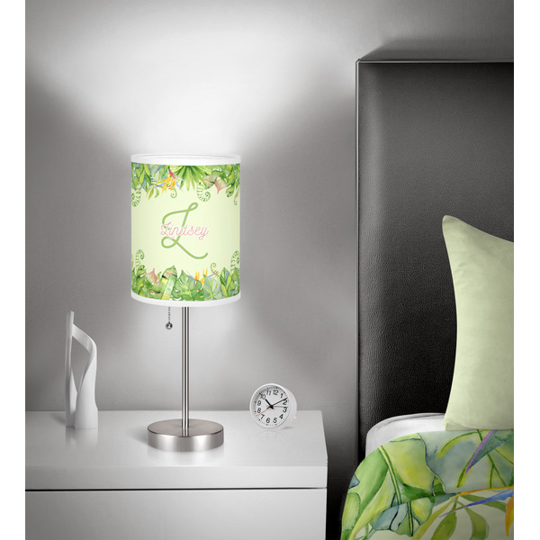 Tropical Leaves Border 7 inch drum lamp shade - in room