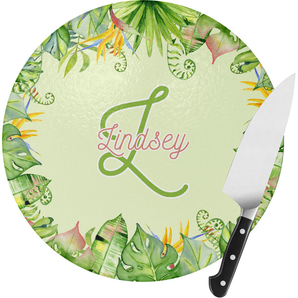 Custom Tropical Leaves Border Round Glass Cutting Board - Small (Personalized)