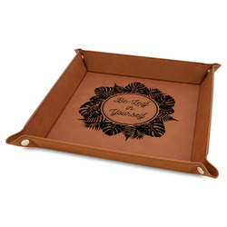Tropical Leaves Border 9" x 9" Leather Valet Tray w/ Name and Initial