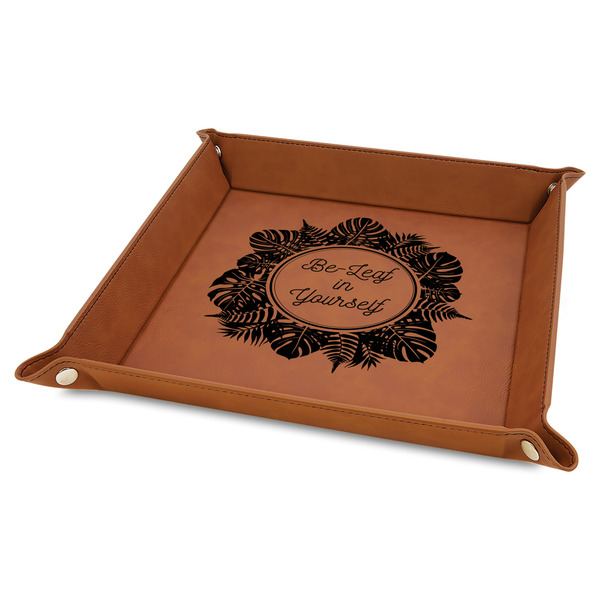 Custom Tropical Leaves Border 9" x 9" Leather Valet Tray w/ Name and Initial