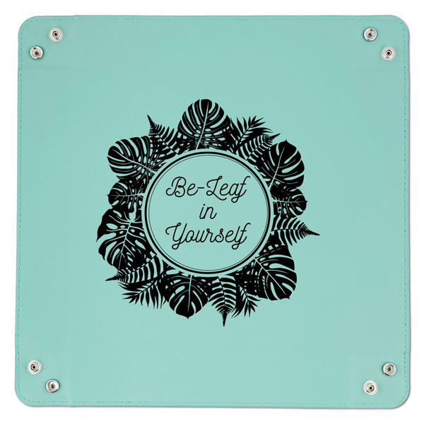 Tropical Leaves Border 9" x 9" Teal Leatherette Snap Up Tray - APPROVAL