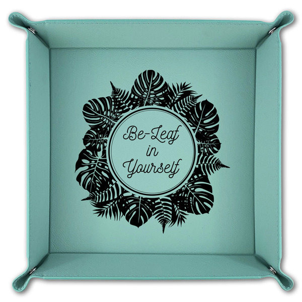Tropical Leaves Border 9" x 9" Teal Leatherette Snap Up Tray - FOLDED
