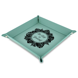 Tropical Leaves Border 9" x 9" Teal Faux Leather Valet Tray (Personalized)