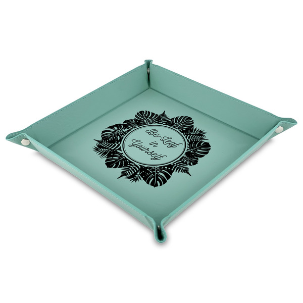 Custom Tropical Leaves Border 9" x 9" Teal Faux Leather Valet Tray (Personalized)