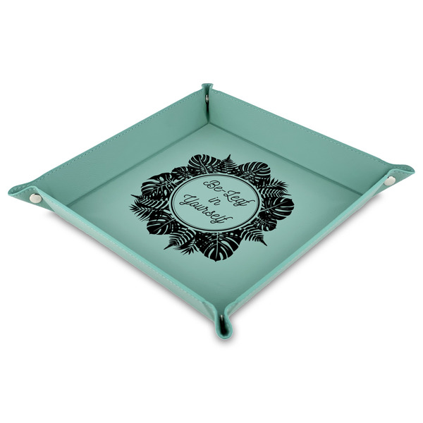 Custom Tropical Leaves Border Faux Leather Dice Tray - 9" x 9"  - Teal (Personalized)