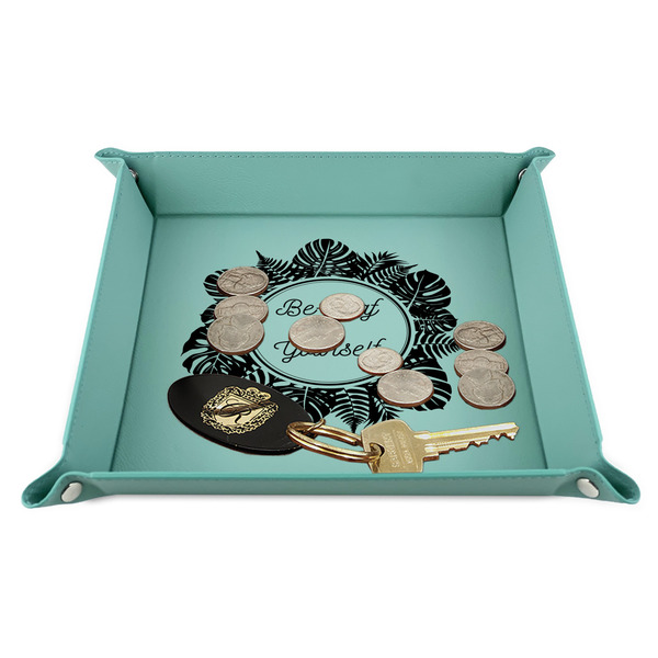 Tropical Leaves Border 9" x 9" Teal Leatherette Snap Up Tray - STYLED