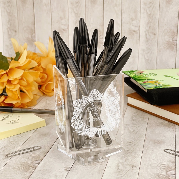 Tropical Leaves Border Acrylic Pencil Holder - IN CONTEXT
