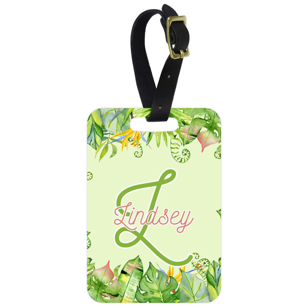 Custom Tropical Leaves Border Metal Luggage Tag w/ Name and Initial