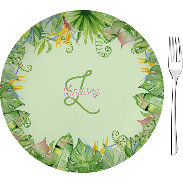 Custom Tropical Leaves Border Glass Appetizer / Dessert Plate 8" (Personalized)