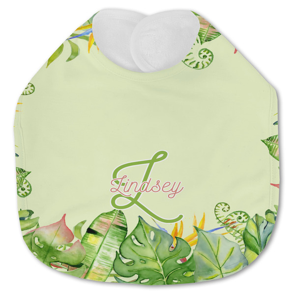 Custom Tropical Leaves Border Jersey Knit Baby Bib w/ Name and Initial
