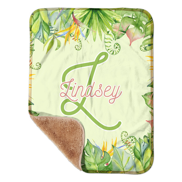 Custom Tropical Leaves Border Sherpa Baby Blanket - 30" x 40" w/ Name and Initial