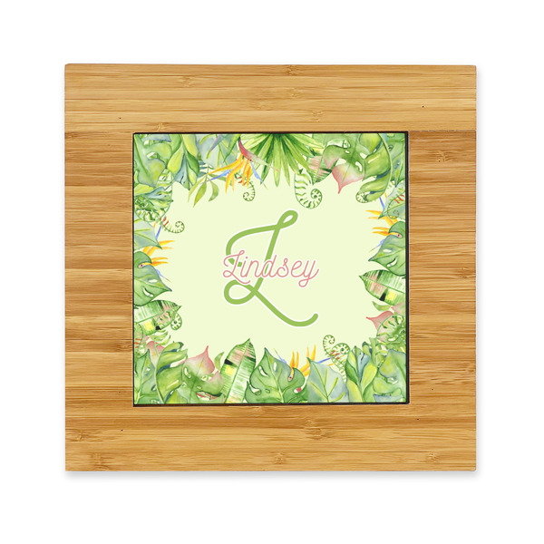 Custom Tropical Leaves Border Bamboo Trivet with Ceramic Tile Insert (Personalized)