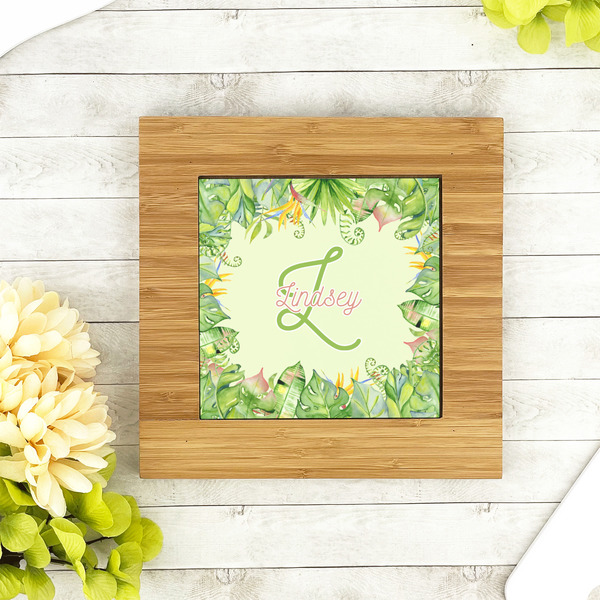 Tropical Leaves Border Bamboo Trivet with 6" Tile - LIFESTYLE