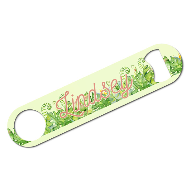Custom Tropical Leaves Border Bar Bottle Opener - White w/ Name and Initial