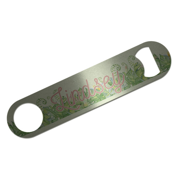 Custom Tropical Leaves Border Bar Bottle Opener - Silver w/ Name and Initial