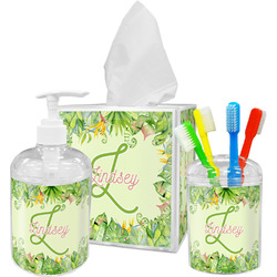 Tropical Leaves Border Acrylic Bathroom Accessories Set w/ Name and Initial