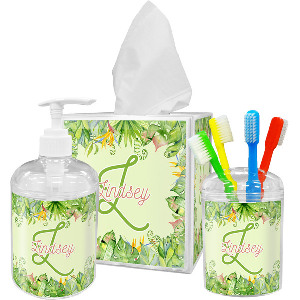 Custom Tropical Leaves Border Acrylic Bathroom Accessories Set w/ Name and Initial