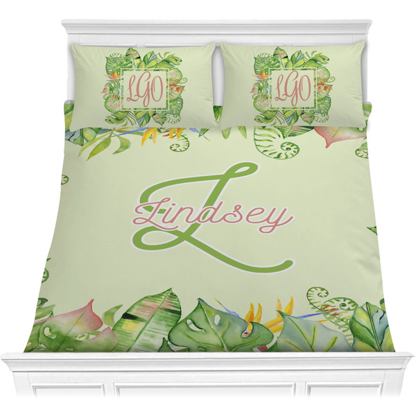 Custom Tropical Leaves Border Comforter Set - Full / Queen (Personalized)