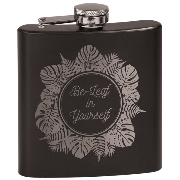 Custom Tropical Leaves Border Black Flask Set (Personalized)